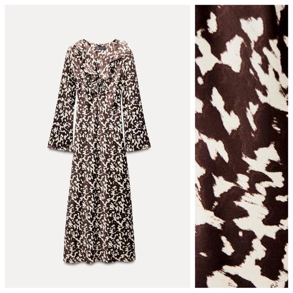 NWT. Zara Brown/Cream Printed Satin Effect Midi Dress with Ruffles. Size XXL. - Picture 6 of 12